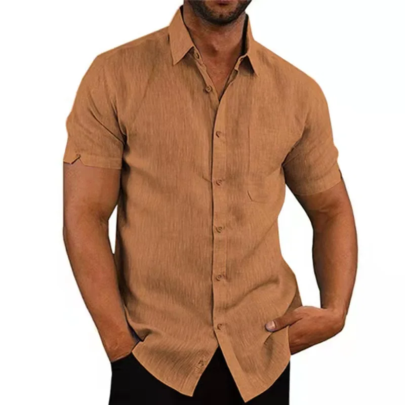 Hot Sale Summer Lapel Solid Color Short Sleeve Button Men's Linen Shirt