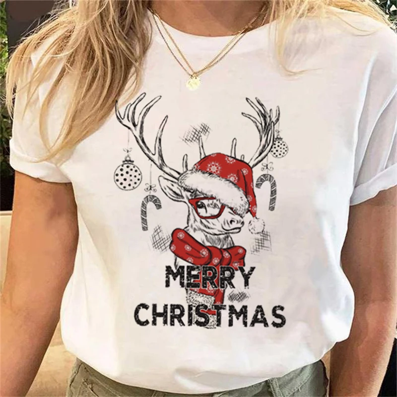 

New Christmas Short-sleeved Cute Letter Printing Fashion Women's Cartoon Printing Large Size Round Neck T-shirt Women's Casual T