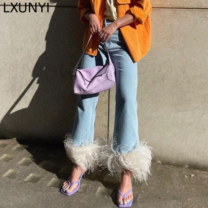 

LXUNYI Feather Design High Waisted Jeans Women 2023 Autumn Streetwear Fashion Y2k Ostrich Hair Patchwork Stretch Straight Pants