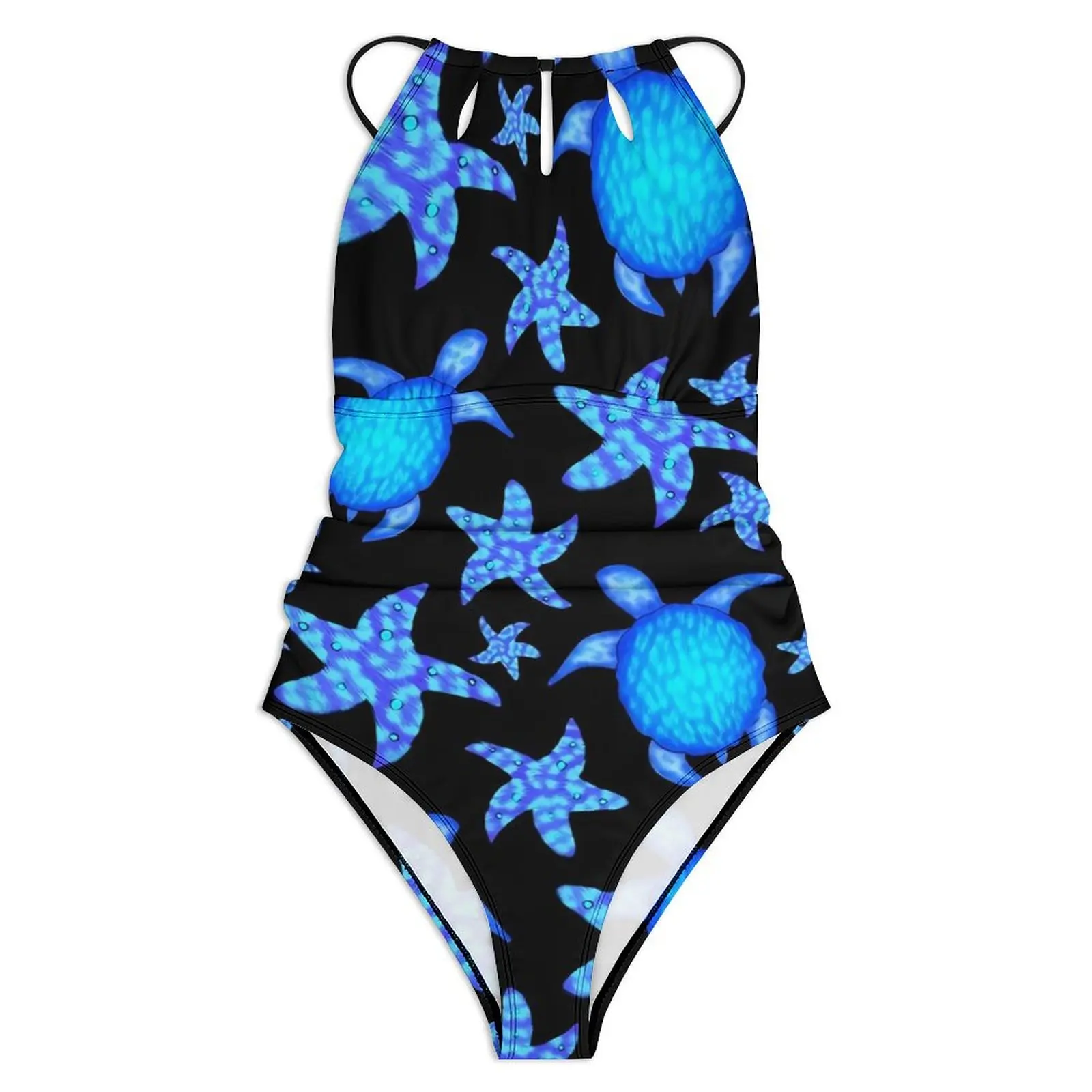 Купальник сплошной с принтом синих черепашек морских звезд пуш-ап