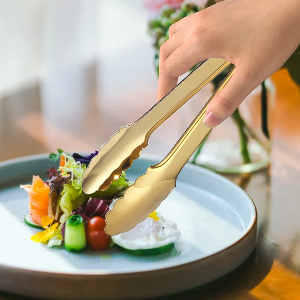 

2pcs 9inch Bread Non Slip Stainless Steel Gold Kitchen Utensils Serving Tongs Cooking Tools BBQ Clips