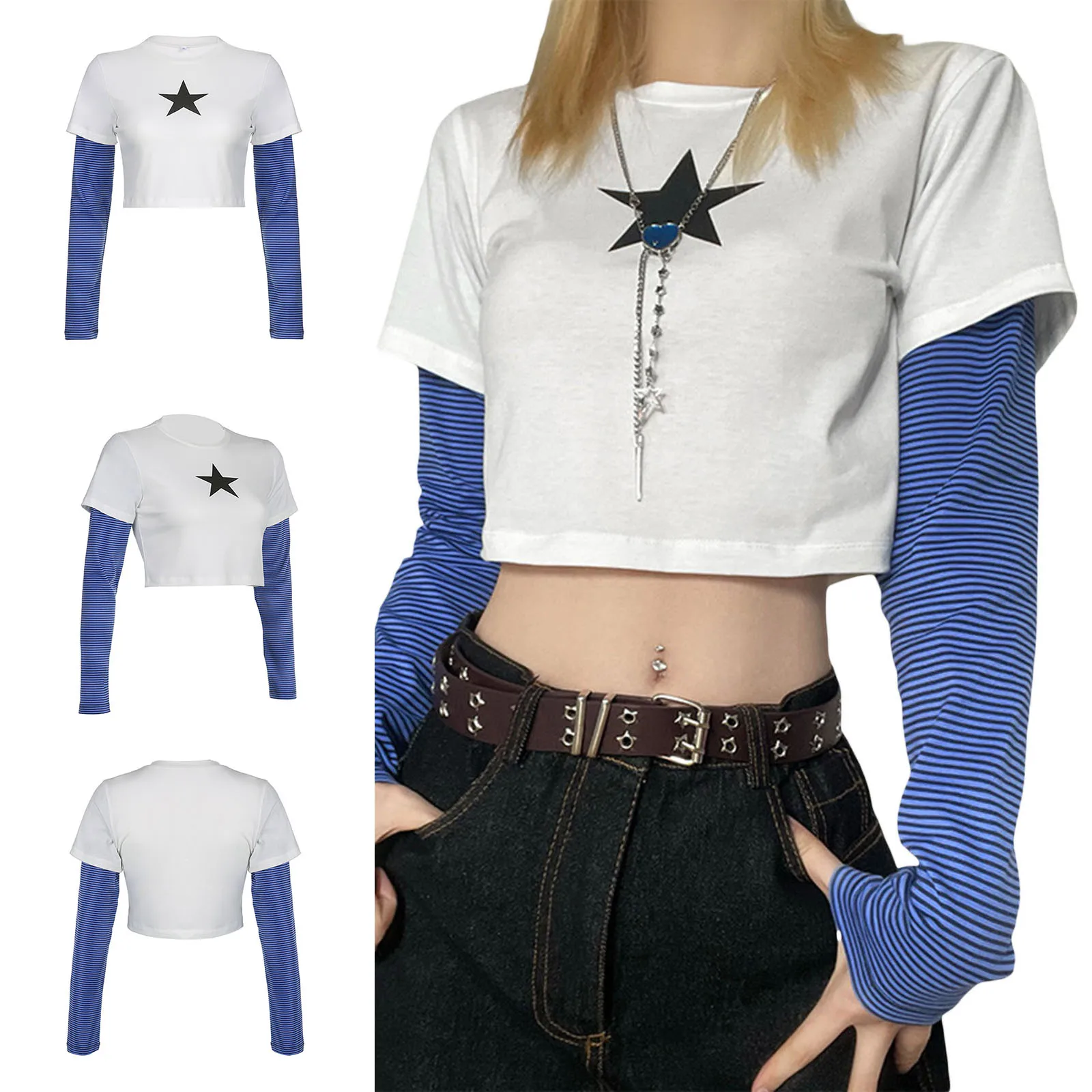

Women Fashion Take Two T-shirt Casual Star Print Long Sleeve Round Neck Pullover Crop Tops Streetwear Clubwear