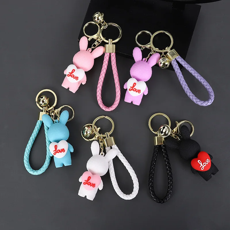

1Pc Cartoon Faux Fur Plush Animals Keychain Wool Felt Strawberry Rabbit Teddy Doll Key Ring Bag Pendant For Girls Women