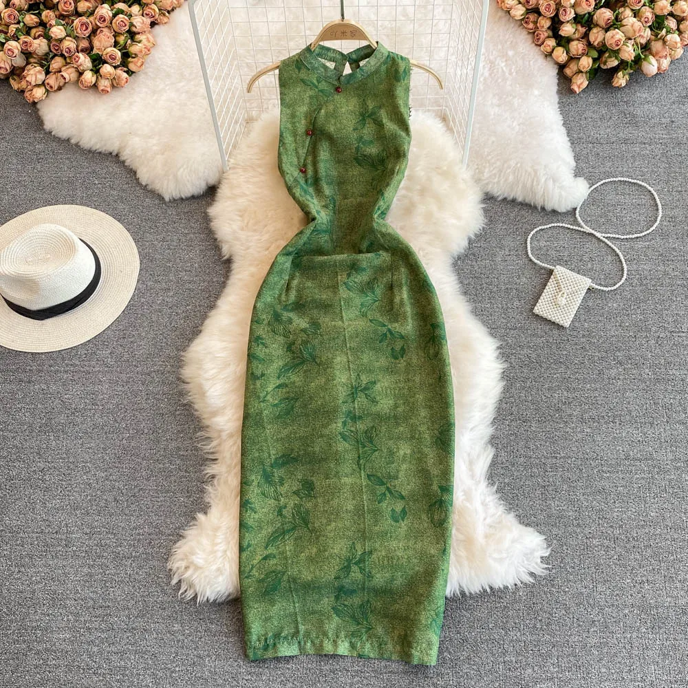 

Платье Чонсам в молодежном стиле ретро повседневная одежда 2022 летнее приталенное платье без рукавов с воротником-стойкой