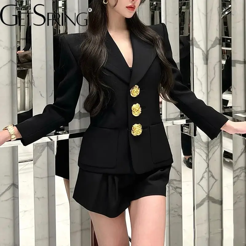 

GetSpring Women Blazer Single Breasted Long Sleeve Ladies Black Suit Coat Vintage Short Women's Slim Suit Jacket Autumn 2022 New