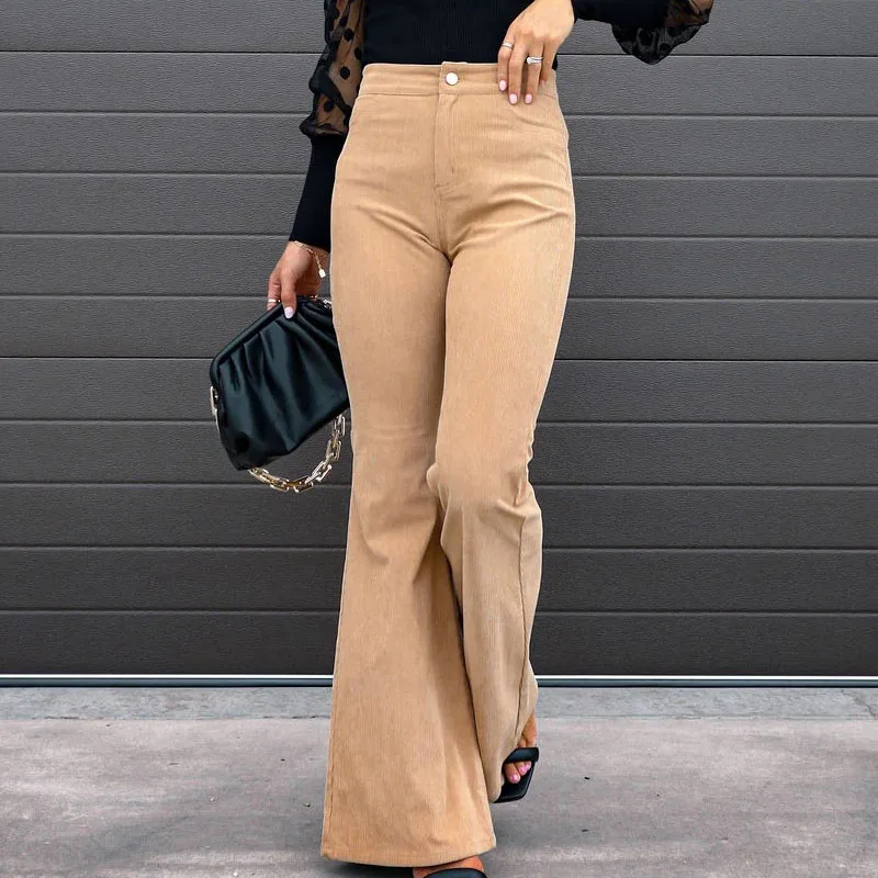 Various Colors Slim Micro Flare Trousers Corduroy Elastic Waist Casual Women Pants Good-looking Screw Thread Button Female Wild
