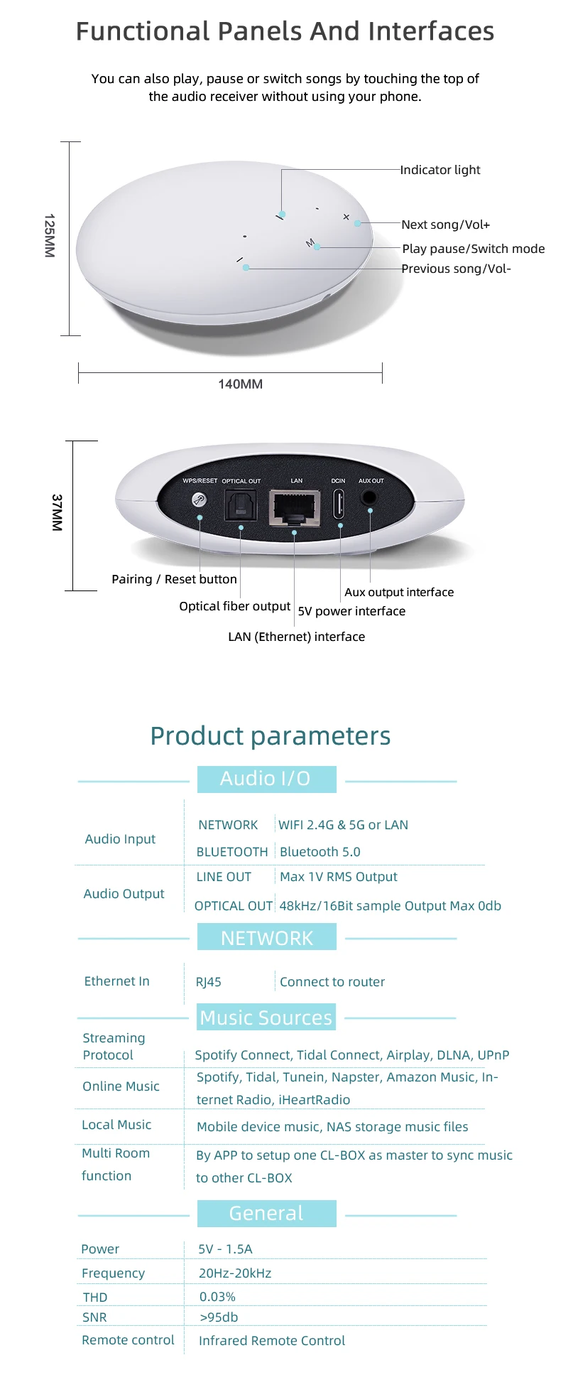 Мини-аудио стример DC 5V-2A Wi-Fi аудио потоковый приемник музыки/приемник Hi-Fi Audio Blue