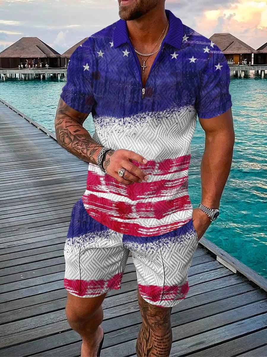 Luxury Summer Men's Polo Set Retro US Flag 3D Printed Sportswear Casual Fashion Men's Oversized Polo T-shirts shorts Suit