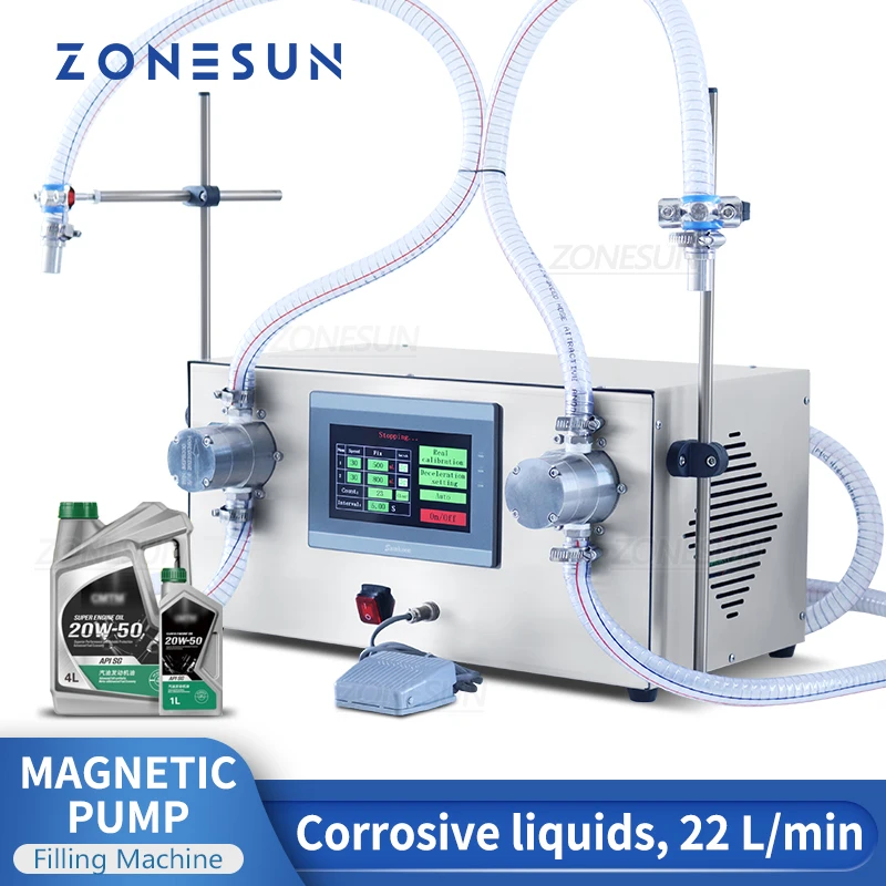 ZONESUN ZS-G25A2 Double Heads 22L/Min Magnetic Pump Liquid Filling Machine Corrosive Fluids Bottle Barrel Detergent Shampoo