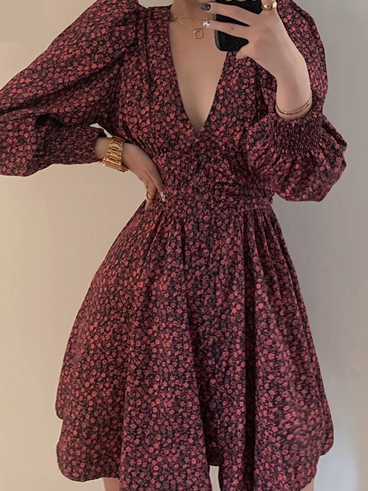 

dresses for women 2022 summer dresses women's party elegant dress floral dress ladies puff sleeve V neck high waist stretch dres