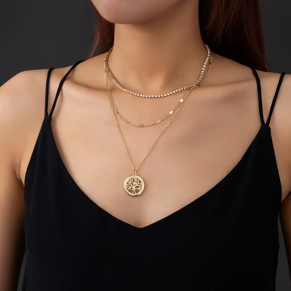 

Wholesale Fashion Necklace Jewelry Micro Stone Peace Life Tree Pendant Simple Grab Chain Bohemia Sweater
