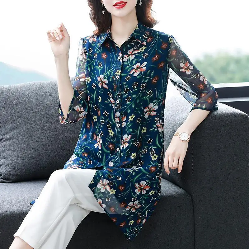 Korean Fashion Floral Printed Polo-Neck Casual Shirt Summer New Women's Clothing Midi Button 3/4 Sleeve Thin Chiffon Blouses