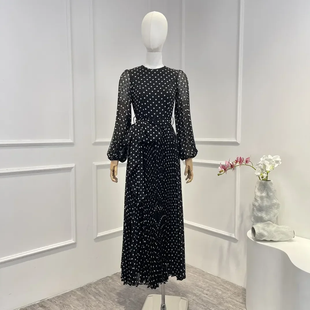 

Black 2023 New Arrivals High Quality Vintage Classic Polka Dots Lace-up Long Sleeve Belt Folds Woman Midi Dress
