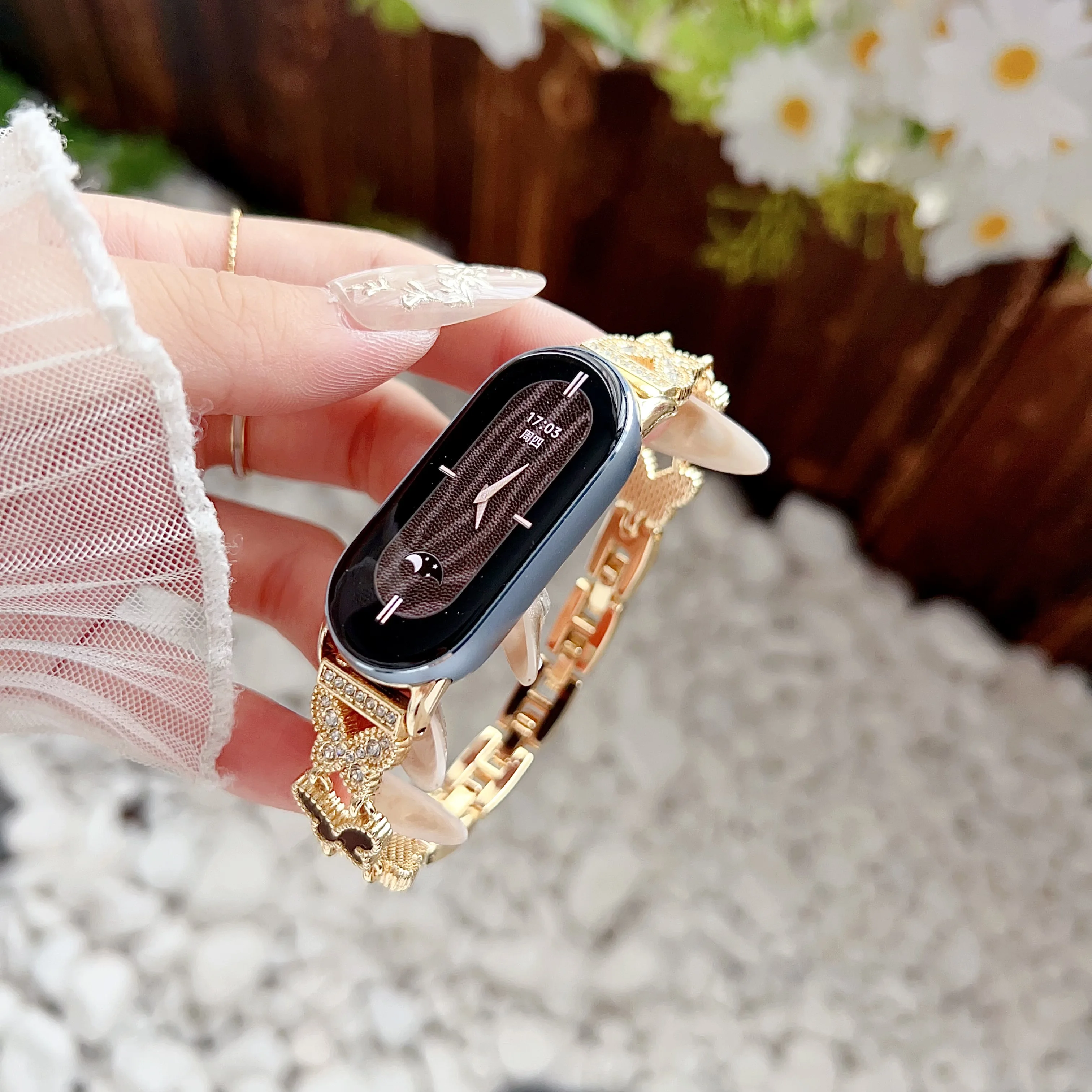 Фото Металлический ремешок-цепочка с бриллиантовой бабочкой для Redmi watch 4 5 Xiaomi Mi Band 8 9 10 8pro 9pro correa Браслет для часов для женщин №3