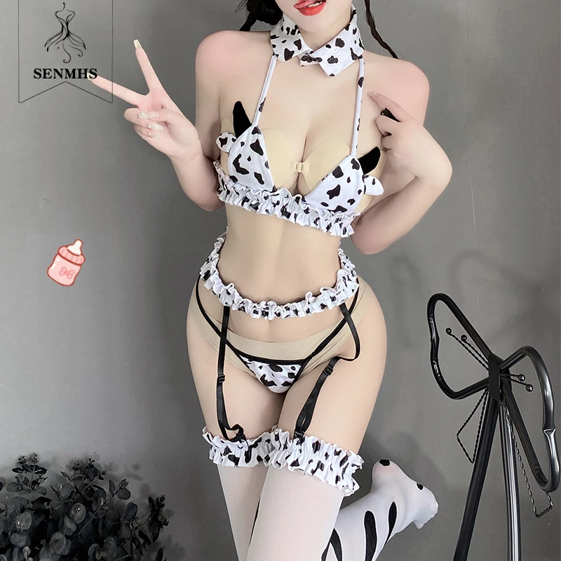 

SENMHS Kawaii Black White Cow Cosplay Print Mini Bikini Set Sexy Uniform Erotic Costumes Cute Underwear Panty Stockings New