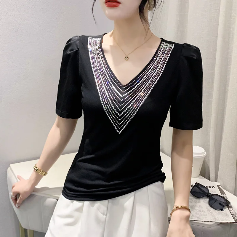 

#6454 Black White Puff Sleeve T Shirt Women V-neck Diamonds Sexy Tight Tshirt Female Korean Style Office Women's T-shirt Summer