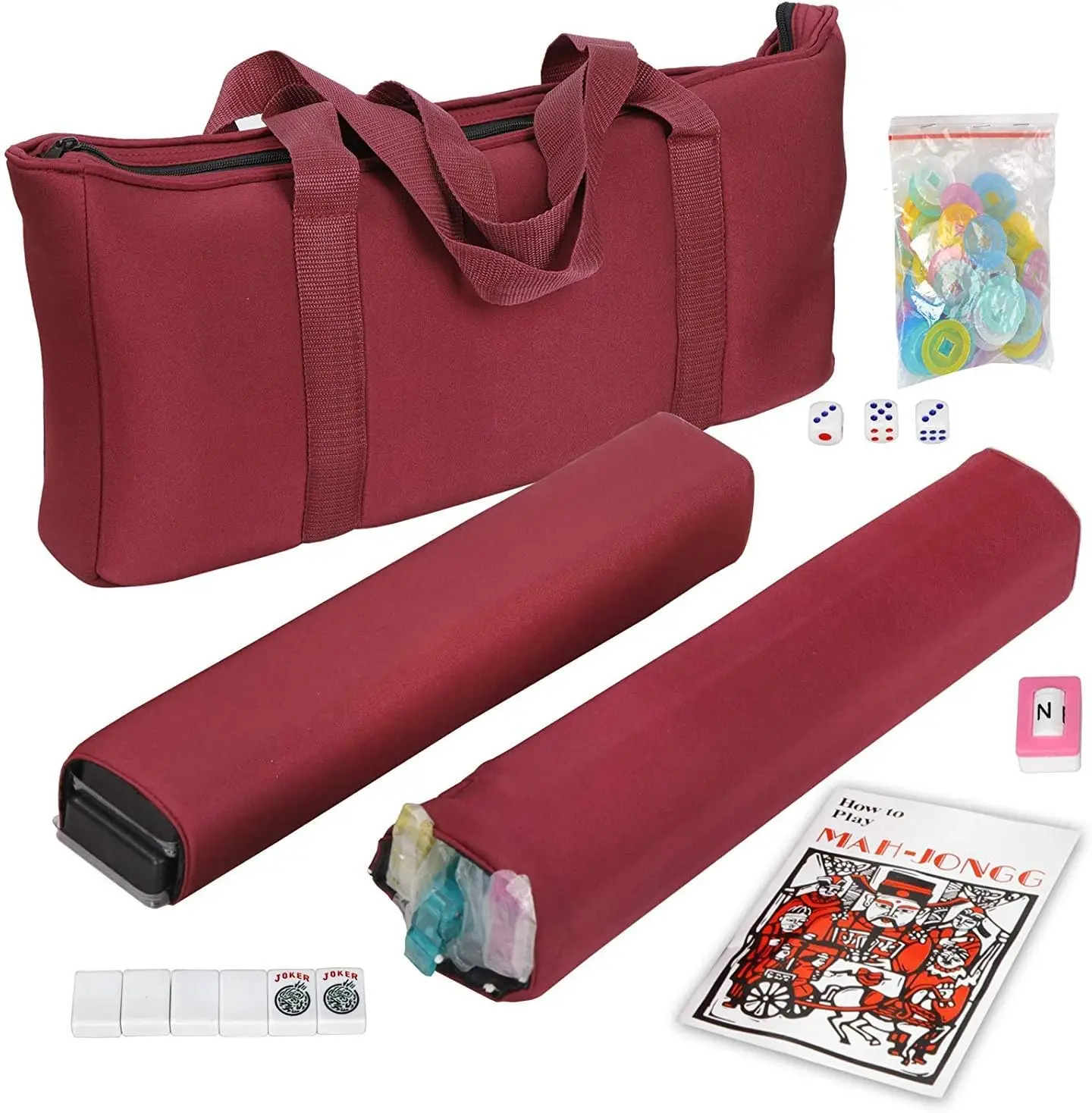 

American Mah Jongg Mahjong Set 166 Tiles, 4 Colors All-in-One Rack/Pushers, Red Soft Bag and Accessories \u2013Classic Full Size
