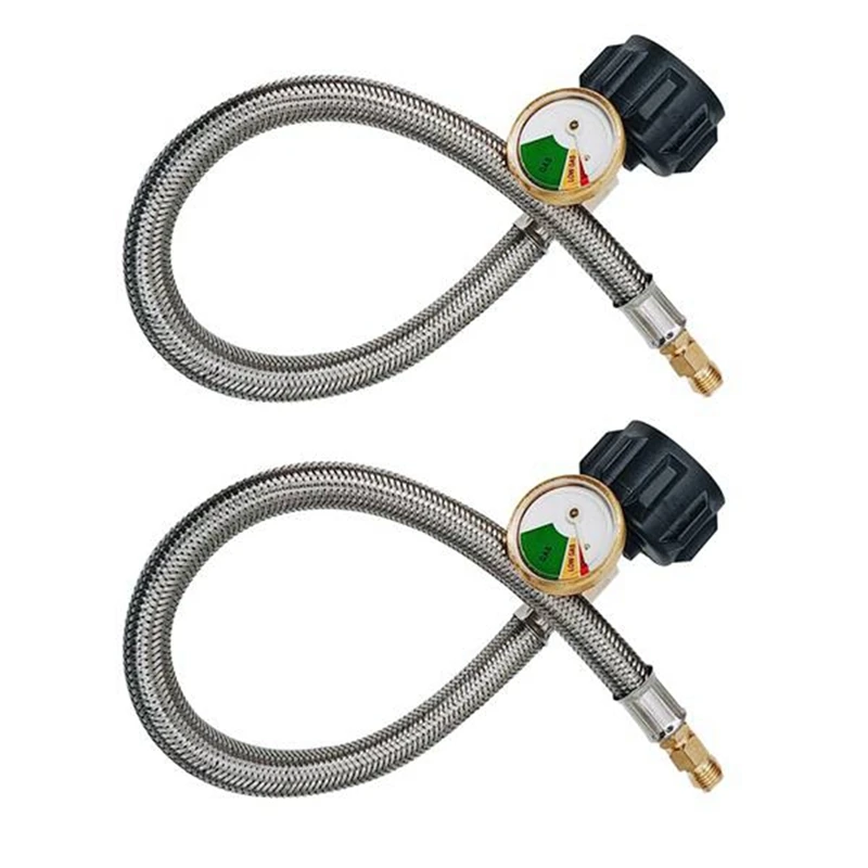 

2Pc Braided RV Regulator Propane Hose Connector 18Inch Silver Stainless Steel With 1/4Inch Male NPT Gauge QCC Type 1 Connection
