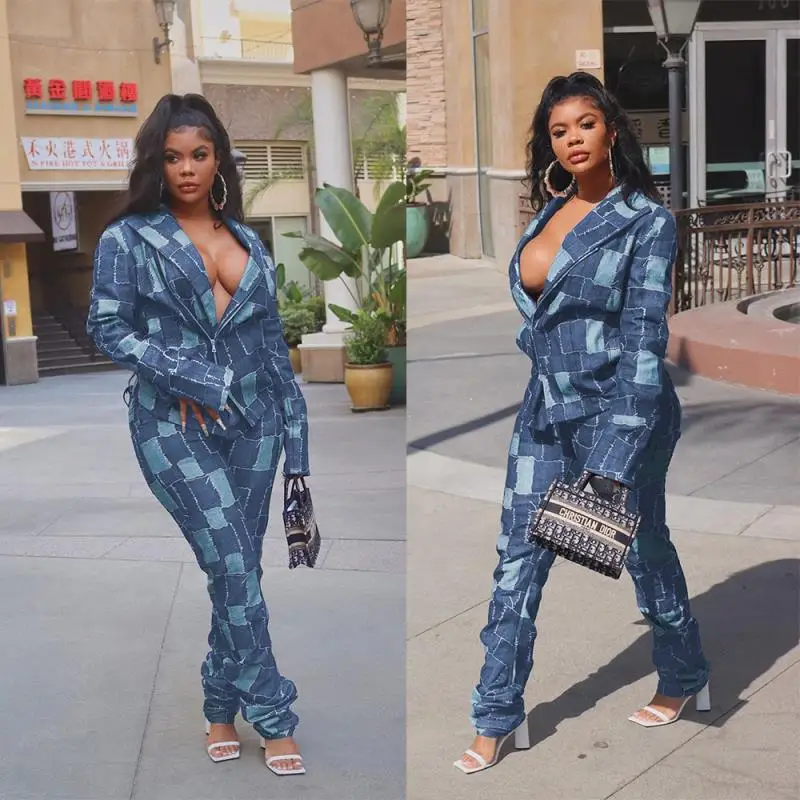 

Chocomist Two-pieces High-street DDenim Imitation Print Women Pants Set