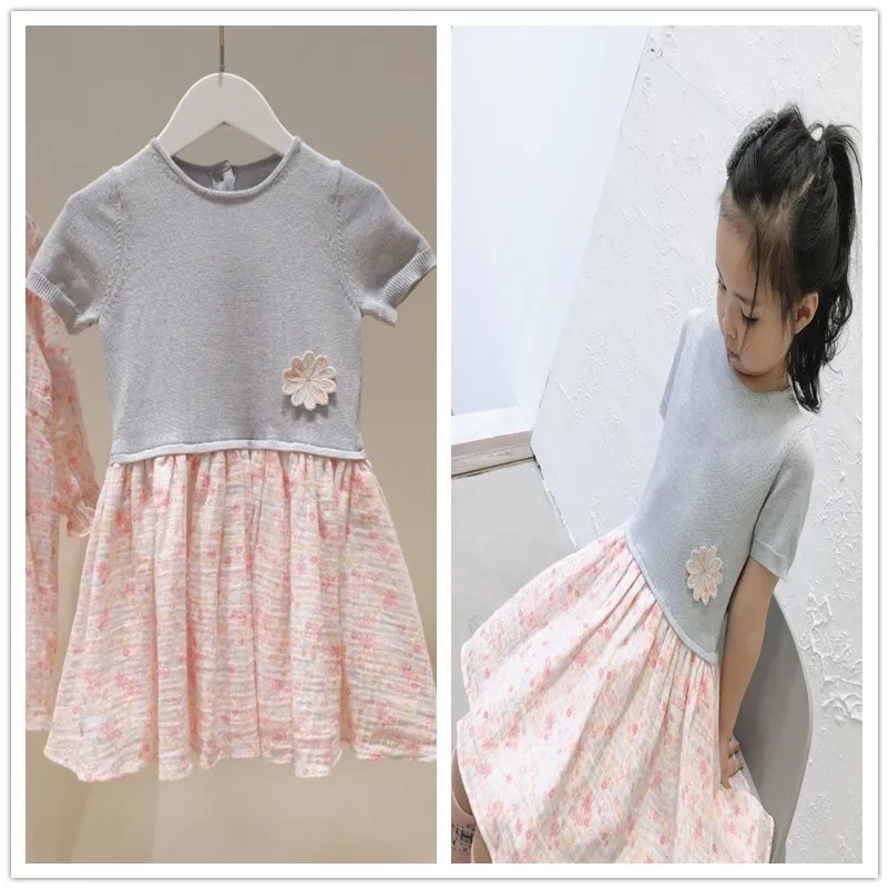 

kids spring clothes 2022 sweet girls dresses Pink Floral Panel Dress Glitter Knit Short Sleeve Pink Floral Dress