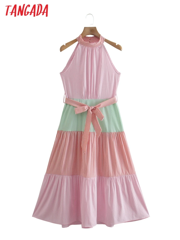 

Tangada 2022 Fashion Women Striped Patchwork Halter Dress for Summer Ladies Vintage Dress 8Y28