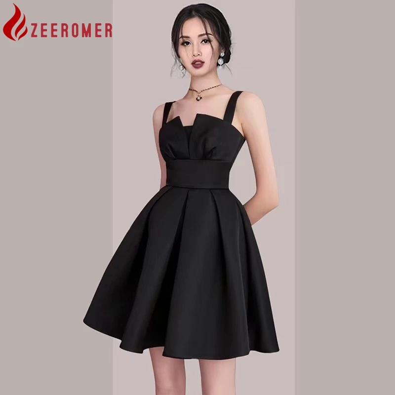

ZEEROMER 2023, летнее высококачественное черное бальное платье, женское сексуальное платье с вырезом лодочкой, без рукавов, на бретелях, тонкое женское мини-платье