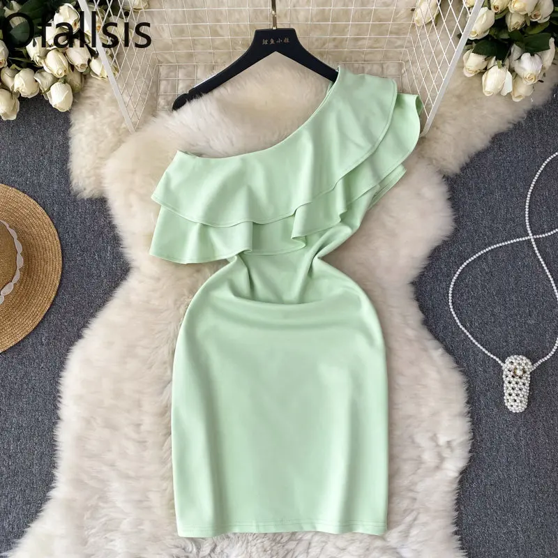 

Ofallsis Light Luxury Celebrity Style Irregular Dress 2023 Women's Summer Ruffle Edge Oblique Neck High End Spicy Girl Dresses