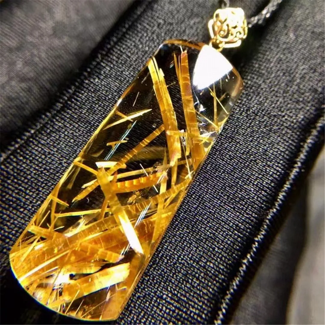 

Natural Gold Rutilated Quartz Necklace Pendant Jewelry For Woman Lady Man Love Gift 32x13x8mm Beads Crystal Stone 18K Gold AAAAA