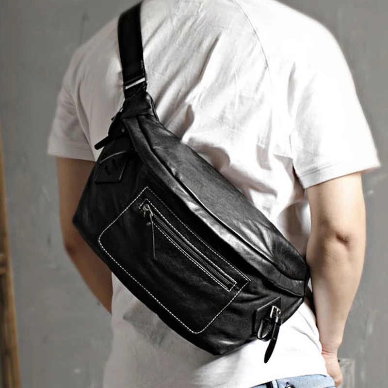 

AETOO New men's large chest bag soft cowhide casual messenger bag leather men's black waist bag