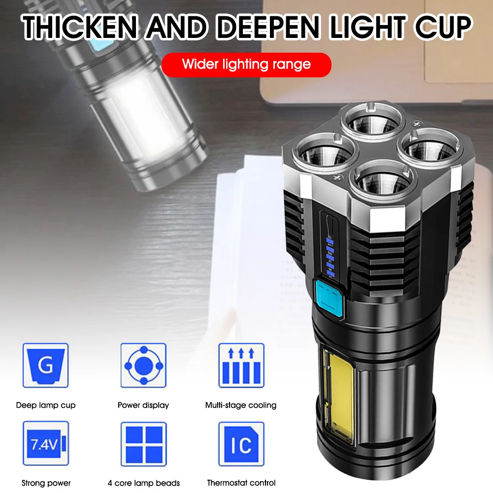 

LED Strong Light Flashlight USB Anti Explosion Four Core Lights Source Flashlight Outdoor Camping Quad-core Super Bright Lamp