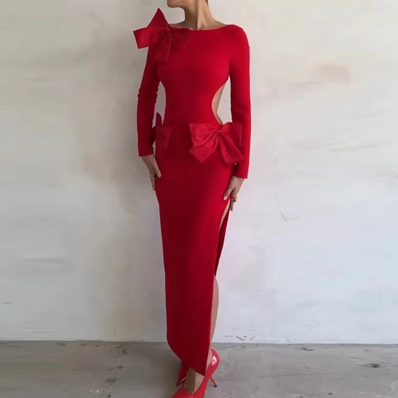 

Весеннее элегантное облегающее платье с бантом, женское привлекательное длинное платье с круглым вырезом и высоким разрезом, Осеннее красное платье Бохо с длинным рукавом