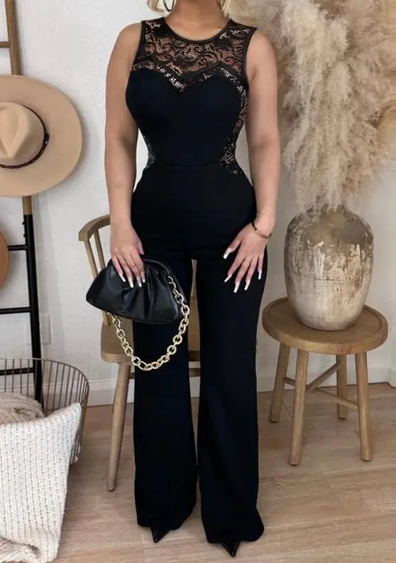 

2023 Summer Woman Long Jumpsuits Elegant Sexy O-Neck Lace Patch Sleeveless Jumpsuit New Fashion Casual One Pieces