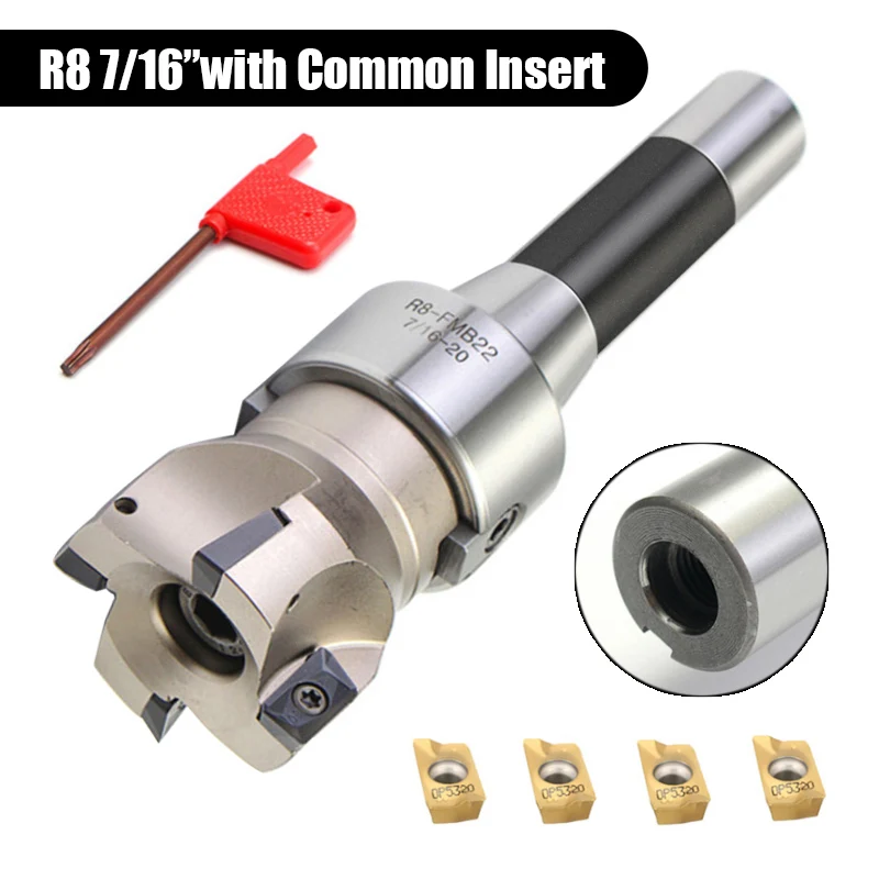 

1Set 90 Degree R8 FMB22 Straight Shank Arbor Face End Mill Cutter 4pc APMT1604 Carbide Inserts +T spanner Wrench Turning Tool
