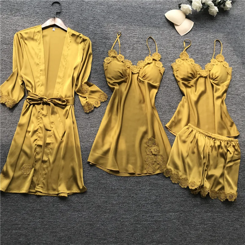 4 Pcs Women Kimono Bathrobe Gown Sleepwear Set Silk Satin Short Dressing Gowns Lace Sexy Robe Nightdress With Chest Pad Pajamas