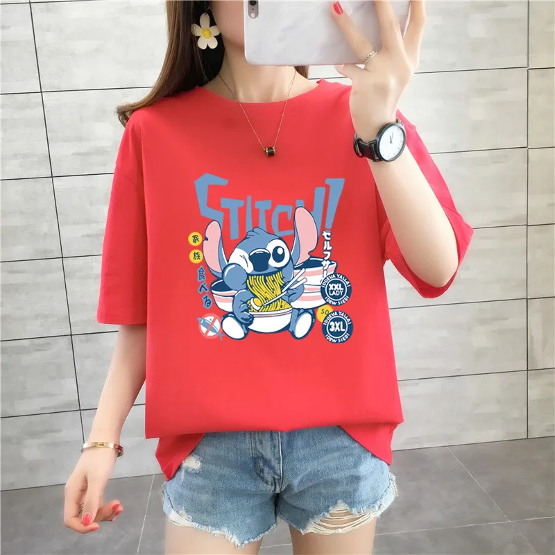 

Disney Stitch Eating Noodles Funny T Shirt Ladies Summer 2021 Short Sleeve 100% Cotton Oversize Tshirt Woman Fashion Y2K Tops