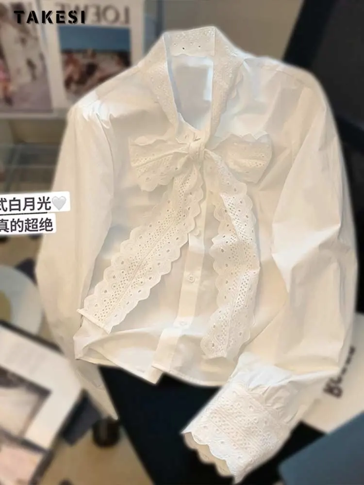 

Блузка женская шифоновая с воротником-стойкой, элегантная однотонная белая Повседневная Простая рубашка с длинным рукавом и бантом, во французском стиле, лето 2023