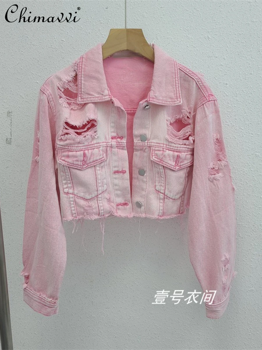

2022 Spring and Autumn New European Station Fashion Holes Pink Personalized Denim Jacket Streetwear Short Jean Coat Women
