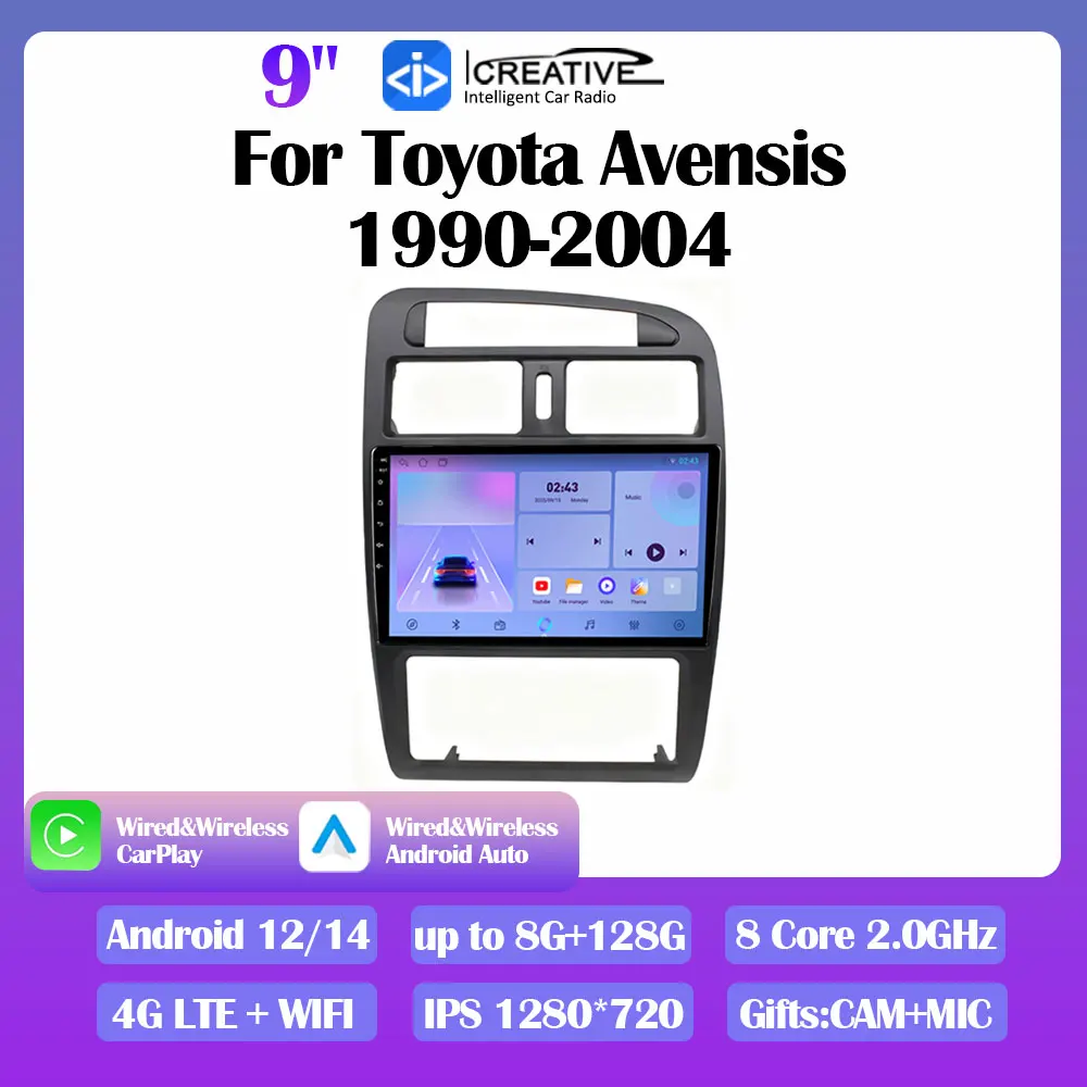 Фото Автомобильный радиоприемник Android 14, для Toyota Avensis 1990-2004, стерео навигация, GPS, мультимедийный видеоплеер, Carplay, авторадио, DSP, DVD 2din №1