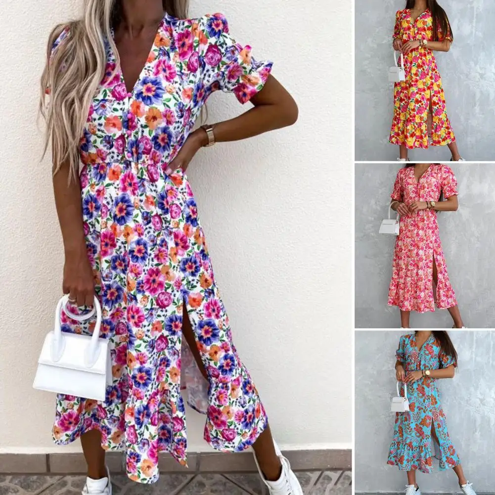 

Sexy V-neck Split Floral Print Shirt Women Dress Patchwork Loose Fit Split Large Hem Summer Boho Dress Maxi Dress Vestidos