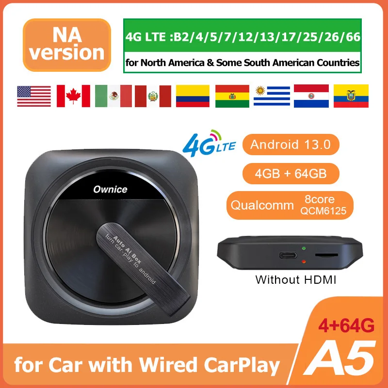 

Ownice A5 Android ТВ-приставка, беспроводной адаптер CarPlay, Android Auto Ai Box QCM6225 4G LTE HD-MI выход для iPTV Netflix Youtube Waze
