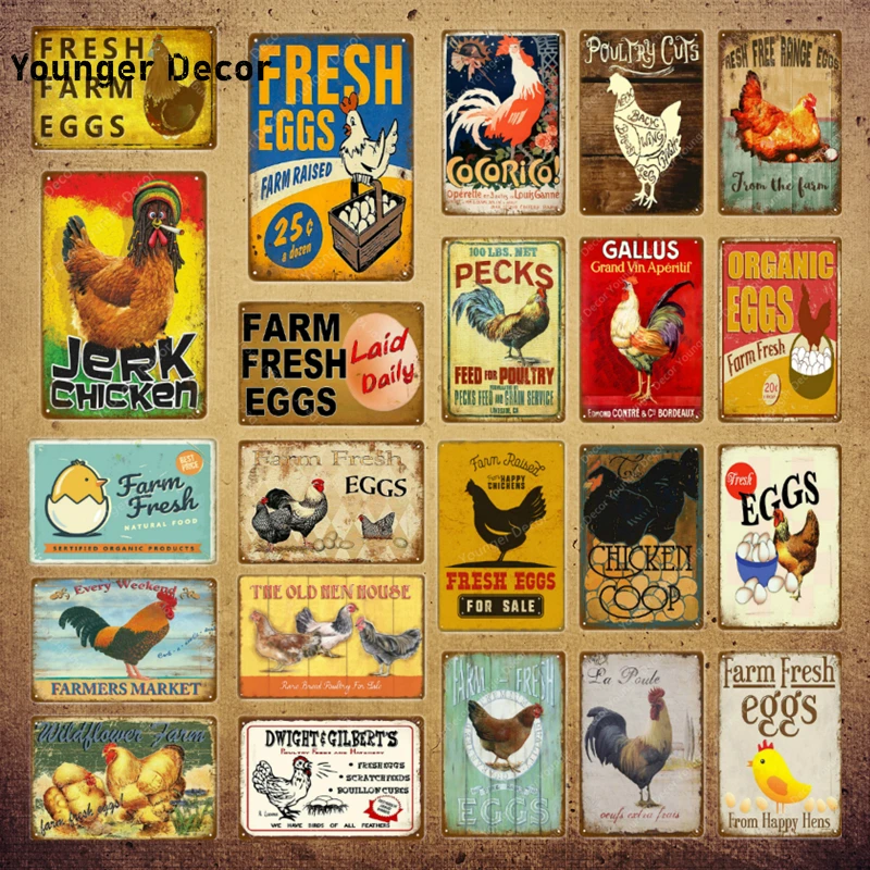 

Jeek Chicken Tin Signs Organic Eggs Vintage Metal Poster Vintage Farmhouse Farm Wall Decor Rooster Retro Metal Plaque Sticker