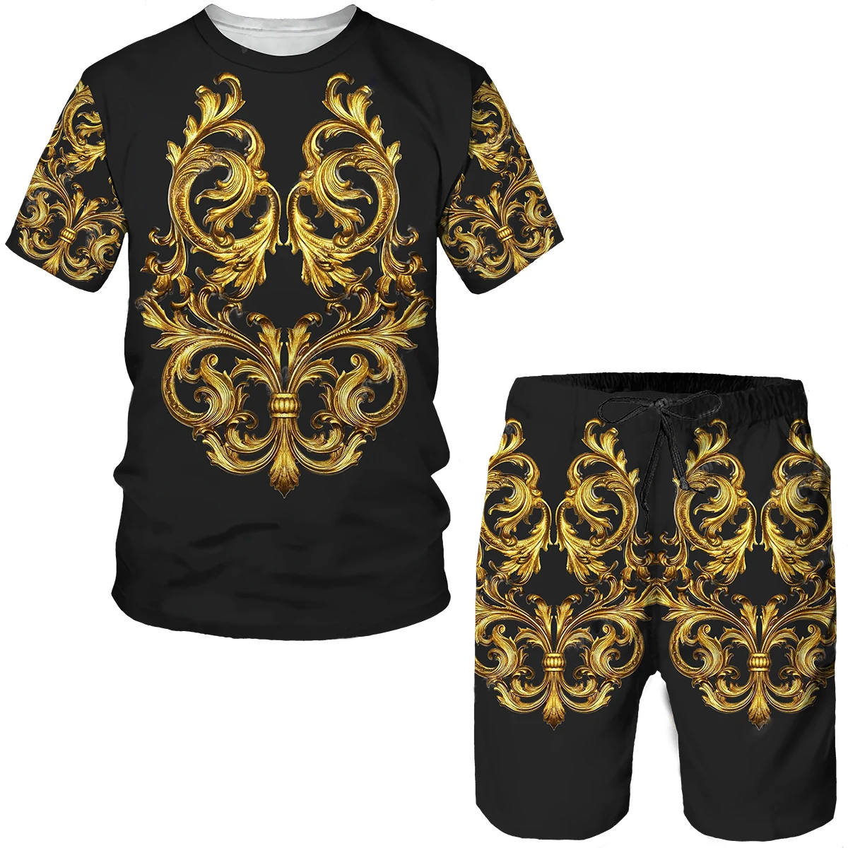 Summer Oversized Casual Sportswear Sports Men's T-shirt + Shorts Suit 3D Gold Pattern Lion Head Print Suit Trend 2-piece Set