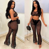 hollow perspective two piece set women beach trousers mesh handmade hook sexy fashion suit 2022 summer party club beach wear