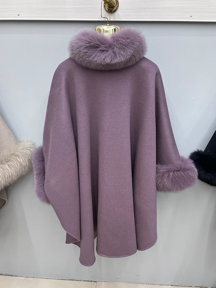 Женское длинное кашемировое пальто шерстяное с воротником из натурального меха