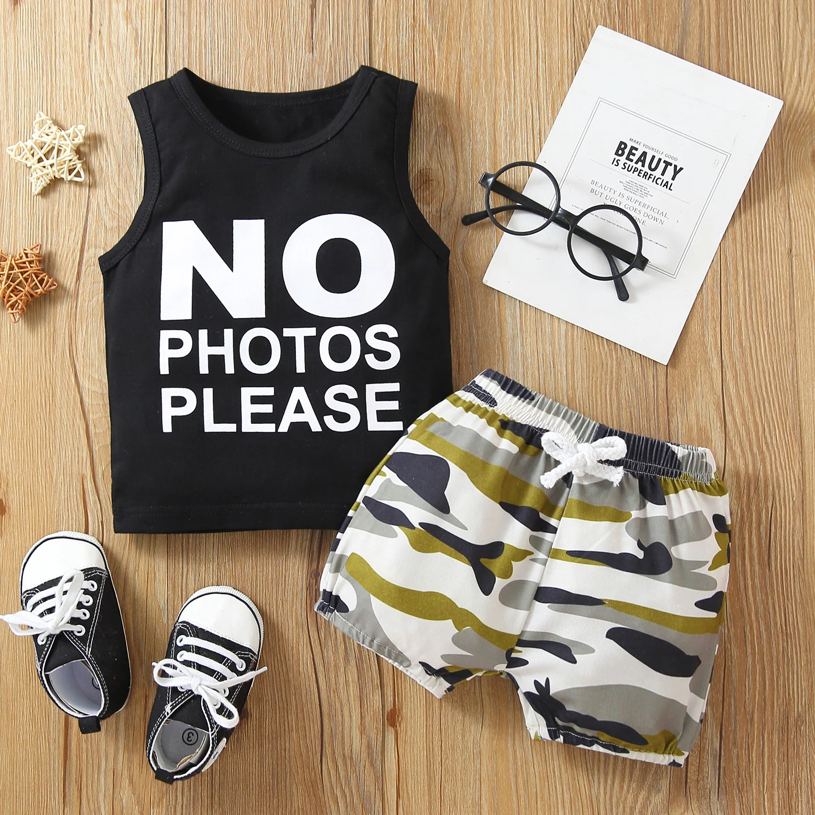 

Toddler Baby Boy Summer Clothes Set, Sleeveless Round Neck Letter Print Vest + Elastic Waist Camouflage Shorts