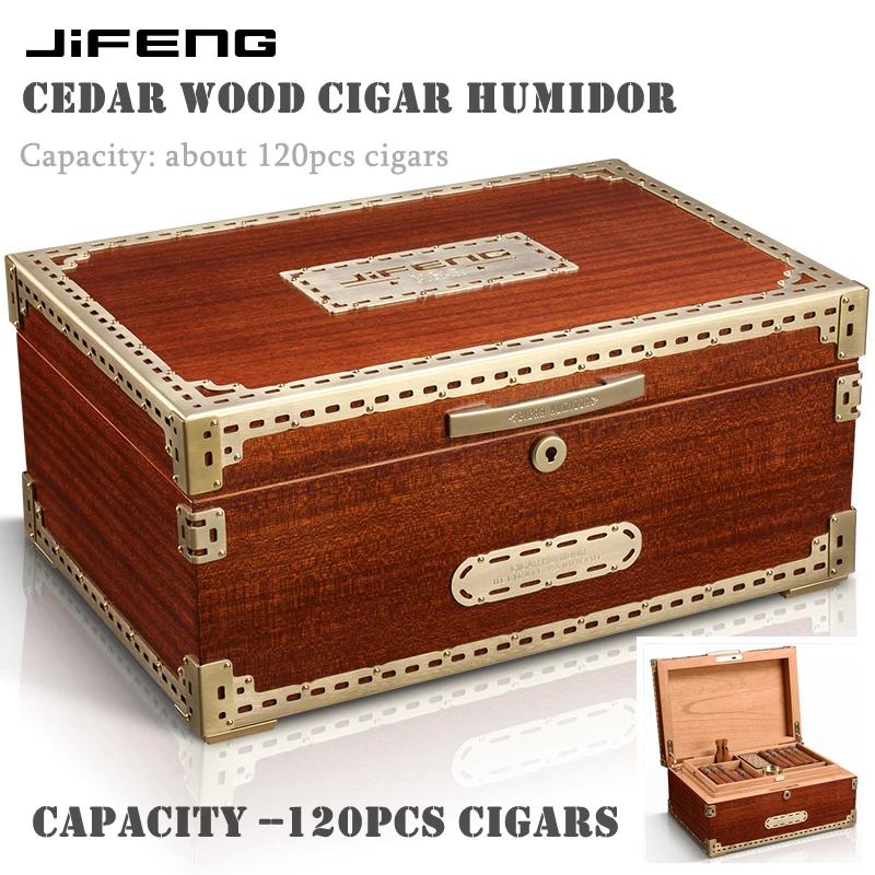 

415x285x190mm Cedar Wood Cigar Humidor JIFENG Large-Capacity 120 Cigar Case Professional Alloy Edging Multi-Zone Storage Box