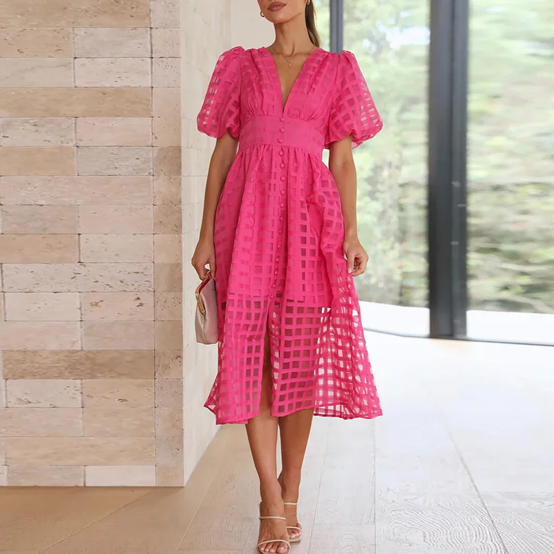 

Fashion Women V-neck Button-up Long Dress Summer Lantern Sleeve Big Hem Dresses Chic High Waist Party Dress