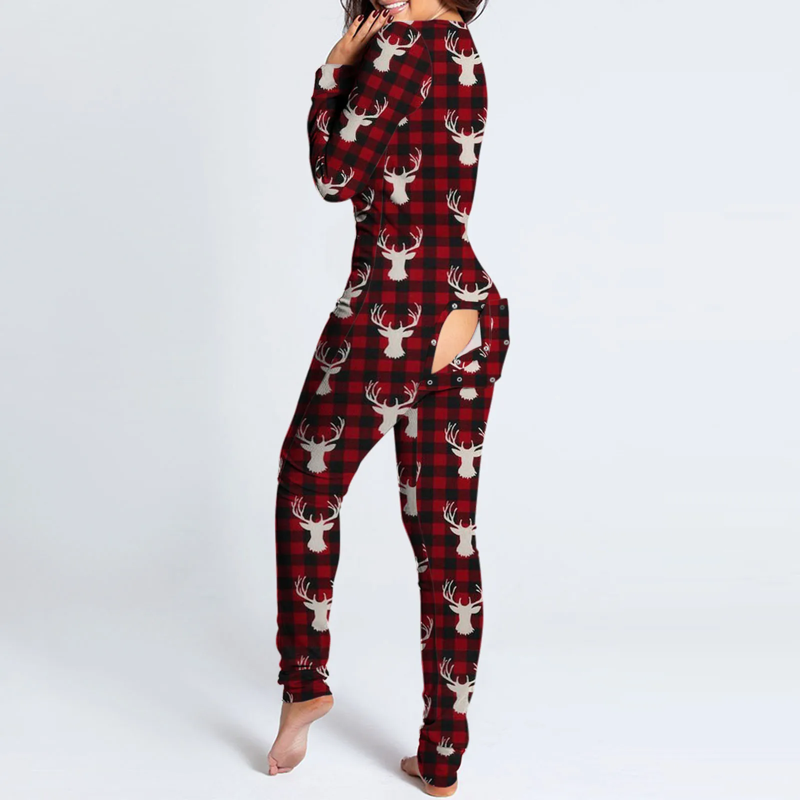 

2022 Women Christmas Sexy Onesies Cartoon Elk Printed Buttoned Flap Pijamas Adults Female Xmas Sleepwear Pijama Feminino Z40