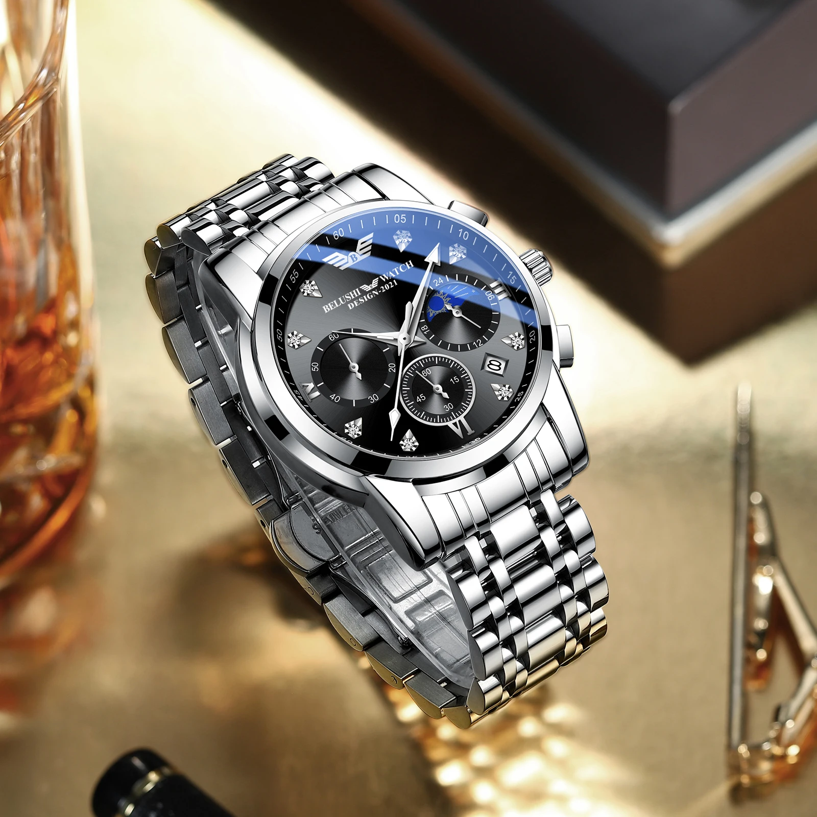 

Quality Fashion Versatile Stainless Steel Watch Royal Blue Calendar Quartz Wrist Clock Business Watches Leisure Time Watchband