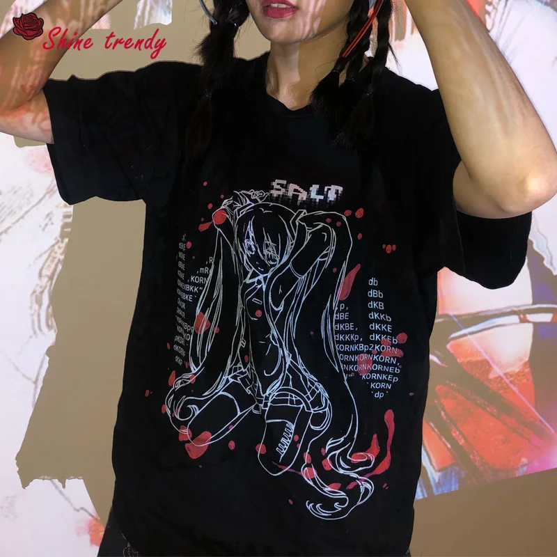 

2022 New Women's T Shirt Letter Anime Print Short Sleeve O-Neck Loose Tee Shirts Women Oversized T-shirt Hip Hop Streetwear Tops